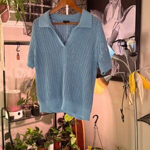 Talbots Womens Blue Crochet Knit‎ Polo Shirt Short Sleeve V Neck Casual Top